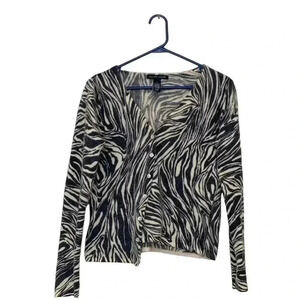 Jillian Jones  asymmetrical cardigan, 70% wool/20% rabbit, white/gray pattern